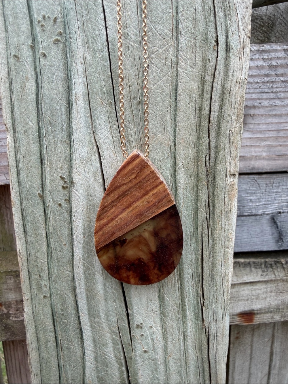 Wood and Resin Teardrop Pendant Necklace - Brown